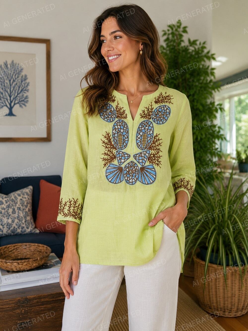 Barbara Gerwit Women’s 100% Linen Embroidered Tunic Top Sz LG Green Coastal